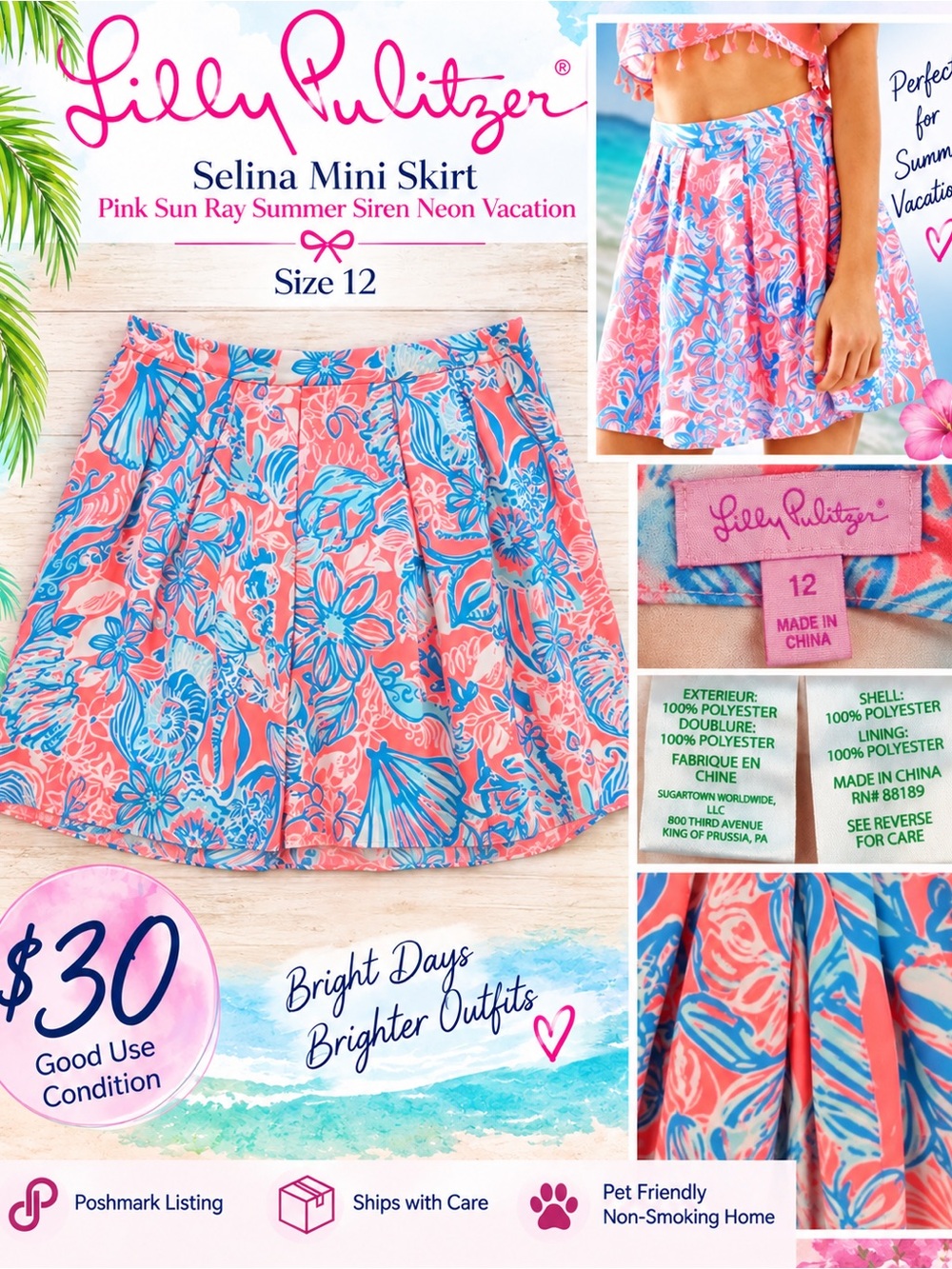 Lilly Pulitzer Mini Skirt in Pink with Blue Floral Print